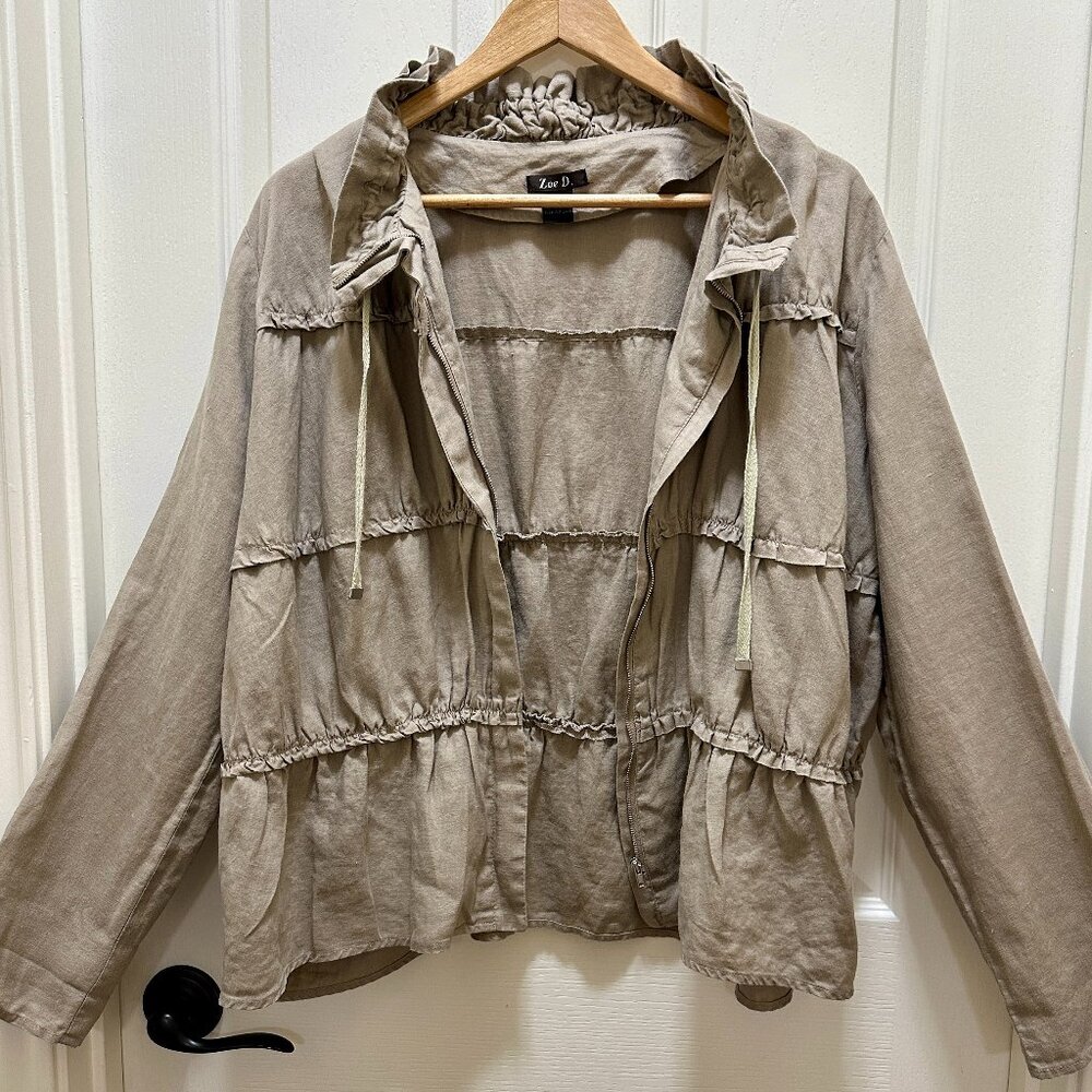 Zoe D Women's 100% Linen Lightweight Jacket Size L Khaki Boho Chic Ruffle Indie